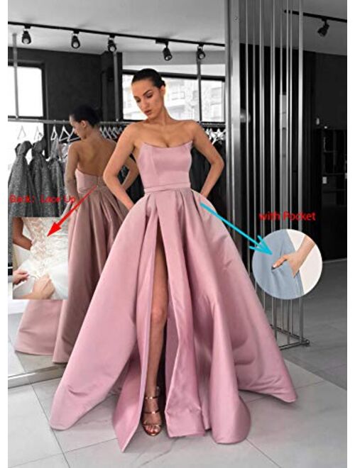 YnanLi Dress Women's Ruffle Satin Prom Dresses Long High Slit Formal Ball Gown A Line Strapless with Pockets