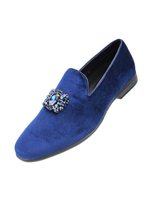 Amali Tiago- The Original Men's Faux Velvet Slip On Loafer with Jeweled Bit and Matching Piping - Mens Smoking Slip On Shoes - Formal Tuxedo Dress Shoe Loafers for Men