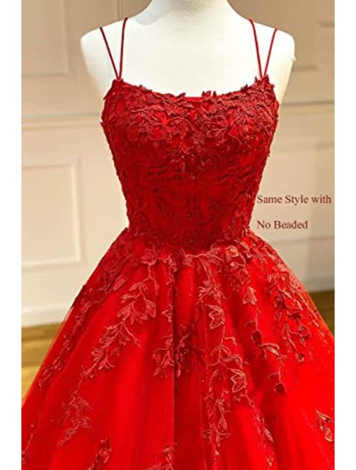 Spaghetti Strap Prom Dress Tulle Prom Dresses 2022 Ball Gowns Lace Appliques A Line Prom Dress Long Ball Gown