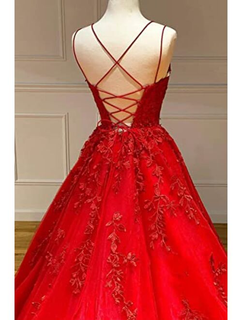 Spaghetti Strap Prom Dress Tulle Prom Dresses 2022 Ball Gowns Lace Appliques A Line Prom Dress Long Ball Gown