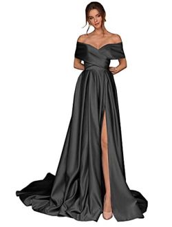 BOLENSEY Women's Off The Shoulder Prom Dress with Slit Ruched Satin Formal Evening Party Gowns