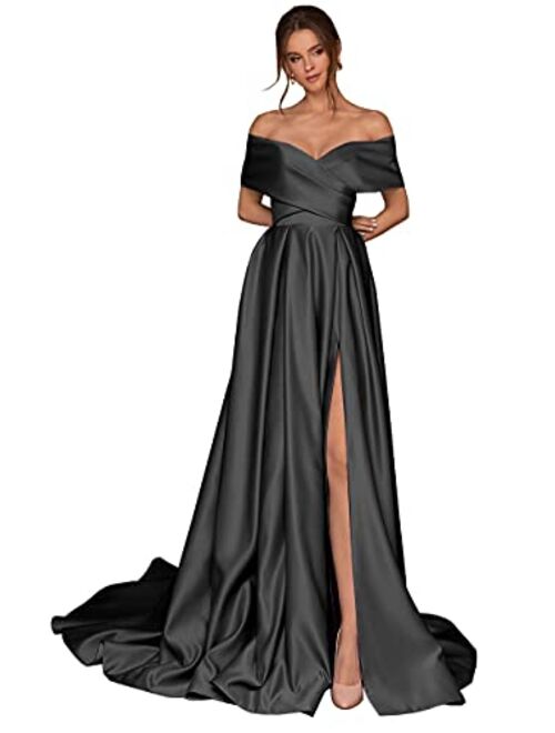 Buy BOLENSEY Women's Off The Shoulder Prom Dress with Slit Ruched Satin ...
