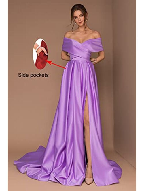 BOLENSEY Women's Off The Shoulder Prom Dress with Slit Ruched Satin Formal Evening Party Gowns