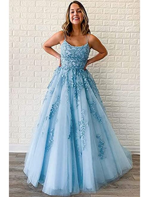 Women's Lace Applique Prom Dresses Long Spaghetti Straps Ball Gown Tulle Formal Evening Party Gowns