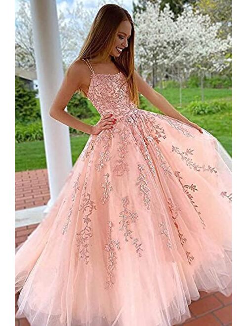 Women's Lace Applique Prom Dresses Long Spaghetti Straps Ball Gown Tulle Formal Evening Party Gowns