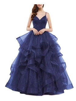 Sparkly Tulle Ball Gown Long Glitter Ruffled Prom Spaghetti Straps Formal Evening Party Gowns for Women