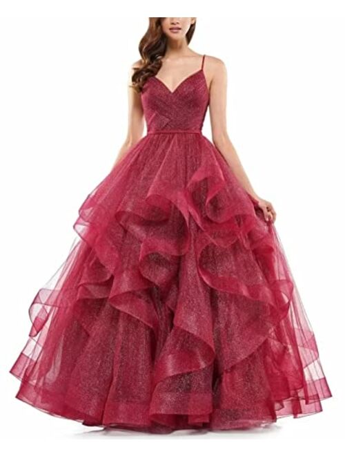 Generic Women's Sparkly Tulle Ball Gown Long Glitter Ruffled Prom Dresses Spaghetti Straps Formal Evening Party Gowns