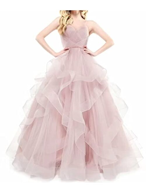 Generic Women's Sparkly Tulle Ball Gown Long Glitter Ruffled Prom Dresses Spaghetti Straps Formal Evening Party Gowns