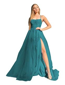 Clothfun Elegant Lace Appliques Prom Dress with Slit Long Spaghetti Straps Tulle Formal Ball Gowns Cf046