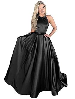 Halter A Line Prom Dresses Long Beaded Satin Ball Gown Open Back Formal Evening Gowns with Pockets