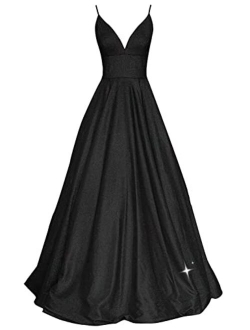 SHINDRESS Women Long Prom Dresses V Neck Sleeveless Glitter Formal Evening Party Gown with Pockets SP081