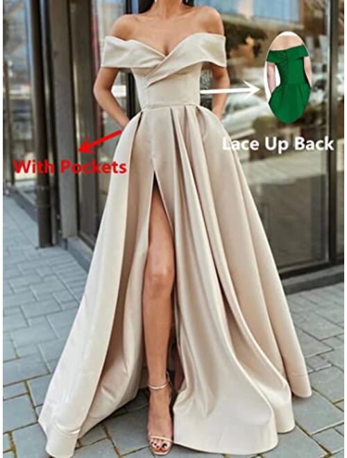 SoDigne Women Long Slit Prom Dresses Off The Shoulder Satin with Pockets V Neck A-Line Formal Evening Party Gown