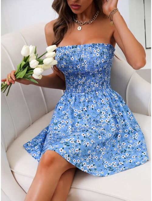 Shein Ditsy Floral Shirred Frilled Backless Tube Dress