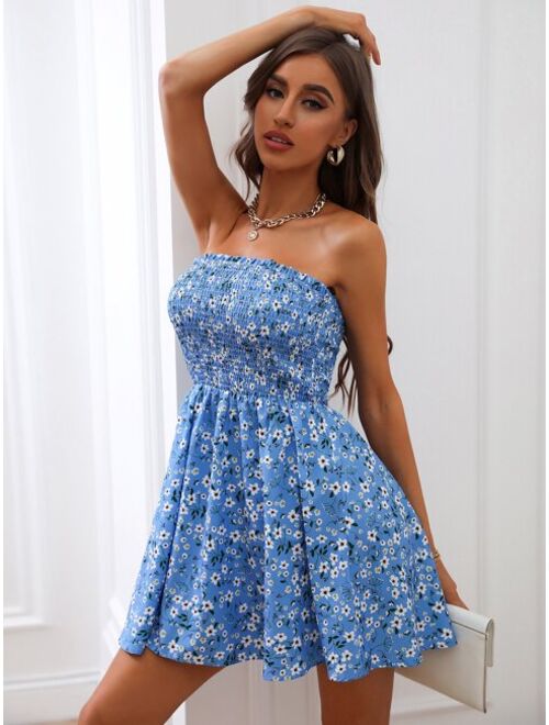 Shein Ditsy Floral Shirred Frilled Backless Tube Dress