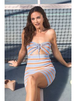Get the Trend Light Blue Striped Cutout Strapless Bodycon Dress