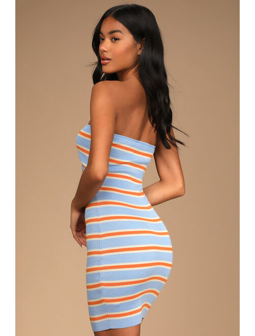 Lulus Get the Trend Light Blue Striped Cutout Strapless Bodycon Dress