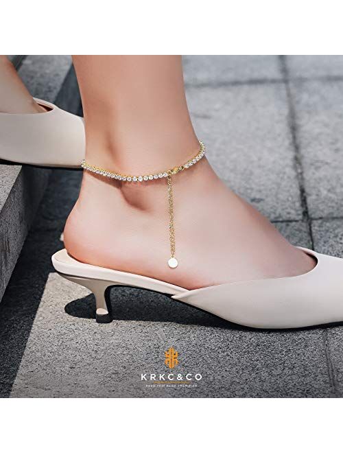 Krkc&Co Keep Real Keep Champion KRKC&CO 3mm/4mm Tennis Chain Anklet with Extension, Ankle Bracelets for Women, 14k Gold/White Gold/Rose Gold Plated, Beach Anklets, Fashio