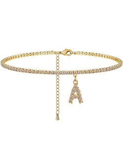 Freekiss Initial Ankle Bracelets for Women 18K Gold Filled Dainty CZ Tennis Letter Anklet Cute Summer Beach Personalized Foot Jewelry for Women Girls
