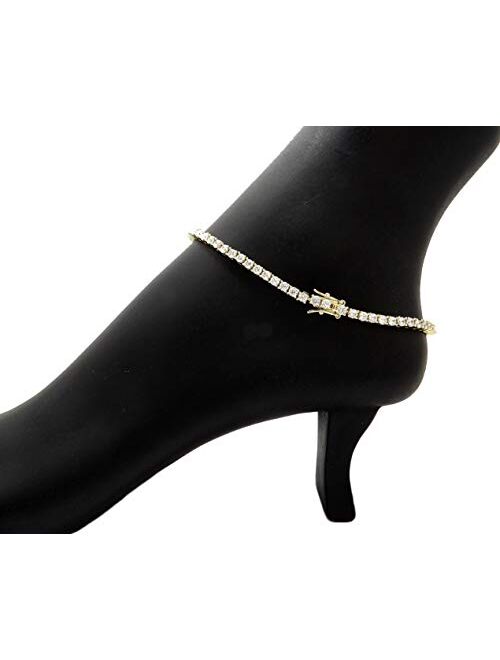 CBC Crown Women's Girl's Stone Studded Tennis Chain Anklet Ankle Bracelet in Gold or Silver Tone