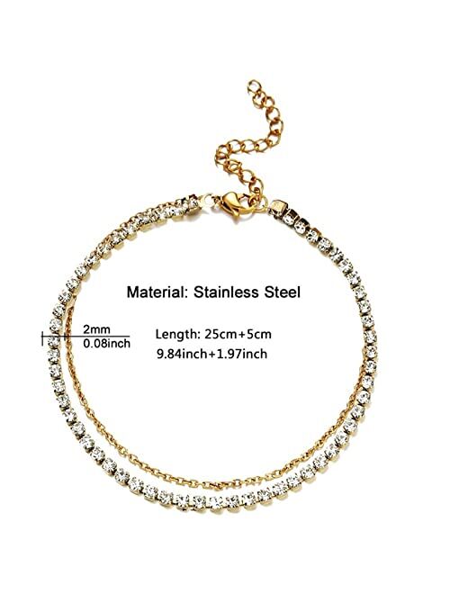 QWASZX Stainless Steel Crystal Foot Chain Tennis Anklet for Women Summer Yoga Leg Chain Anklets Beach Foot Jewelry (Metal Color : A Silver Color)