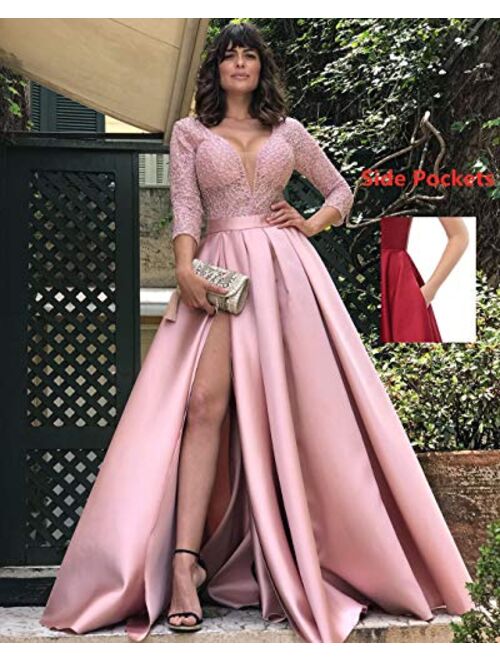 Chicbridal Deep V-Neck Prom Dresses Satin 3/4 Sleeves Evening Party Gowns with Pockets for Women