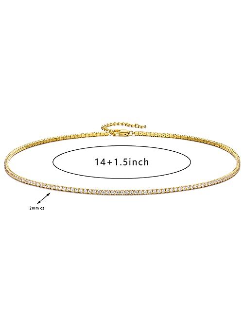 18K Gold/Silver Plated Cubic Zirconia Tennis Necklace Dainty Classic Magnificent Round Tennis Chain Choker Necklace for Women