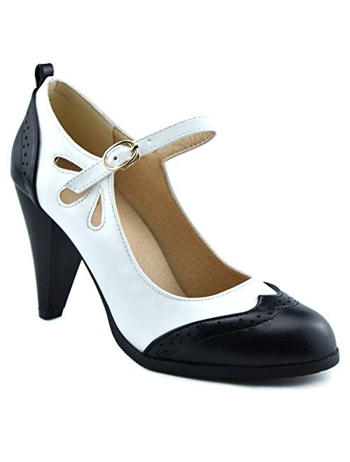 Mekereke Womens Brown Retro Mary Jane Oxford High Heels Pumps Shoes for Women Teardrop Cutout Round Toe Pierced Strappy Oxfords Mary Janes High-Heel Pump Shoe