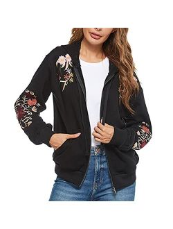 Ak Women's Full Zip Long Sleeve Embroidered Sweatshirt Floral Boho Embroidered Mexican Hoodie Fall Winter Coat Tops Jackets