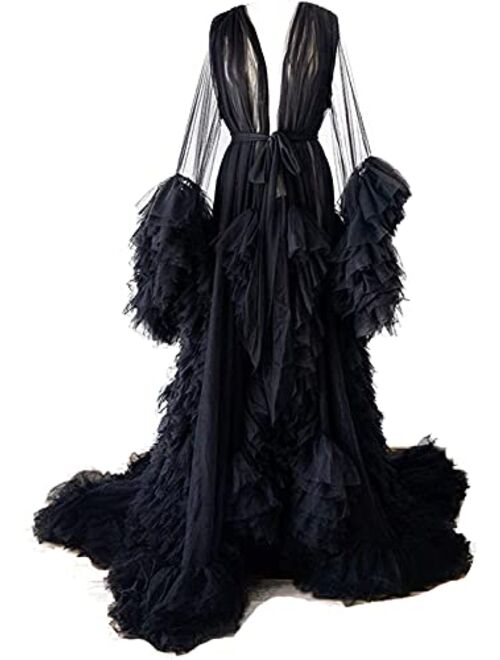 BathGown Sexy Illusion Long Lingerie Tulle Robe Nightgown Bathrobe Sleepwear Bridal Robe Wedding Scarf