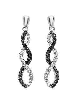 Collection 0.10 Carat (ctw) Round Black & White Diamond Ladies Infinity Swirl Dangling Earrings 1/10 CT, 925 Sterling Silver
