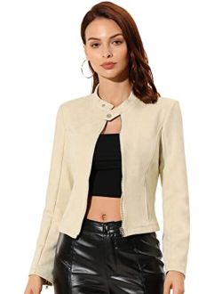 Women's Faux Suede Jacket Stand Collar Zip Up Long Sleeve Motorcycle Biker Coat