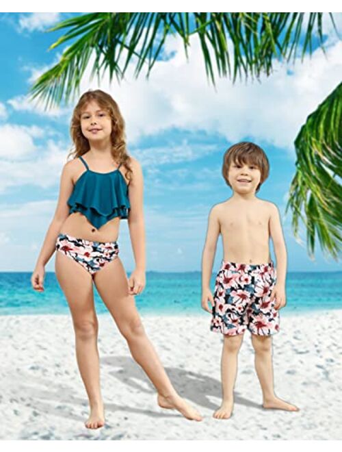 Duolz Matching Family Swimsuits Ruffle&Palm Print Bikini Top Bathing Suits Racerback with High Waisted Bottom Tankini Set