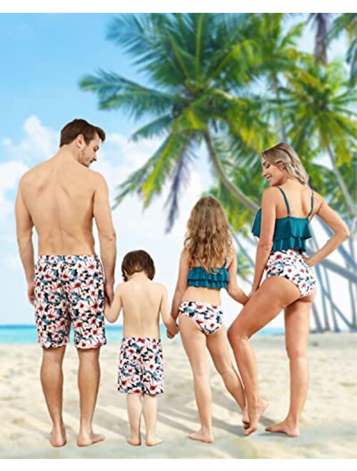 Duolz Matching Family Swimsuits Ruffle&Palm Print Bikini Top Bathing Suits Racerback with High Waisted Bottom Tankini Set