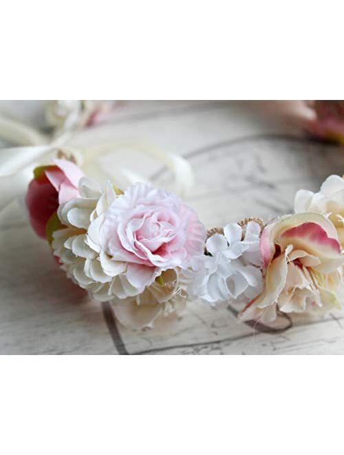 Rose Flower Crown Boho Flower Headband Hair Wreath Floral Headpiece Halo with Ribbon Wedding Party Festival Photos Red by Vivivalue