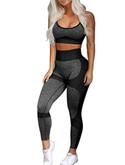 OQQ Exercise Outfits for Women Workout 2 Piece Seamless High Waist Leggings with Sport Bra Yoga Set