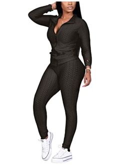 Kansoon Jogging Suits for Women, Textured 2 Piece Outfit Long Sleeve Full Zip Jacket Skinny Pants Tracksuit Set