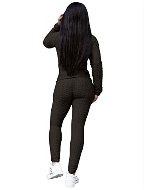 Kansoon Jogging Suits for Women, Textured 2 Piece Outfit Long Sleeve Full Zip Jacket Skinny Pants Tracksuit Set