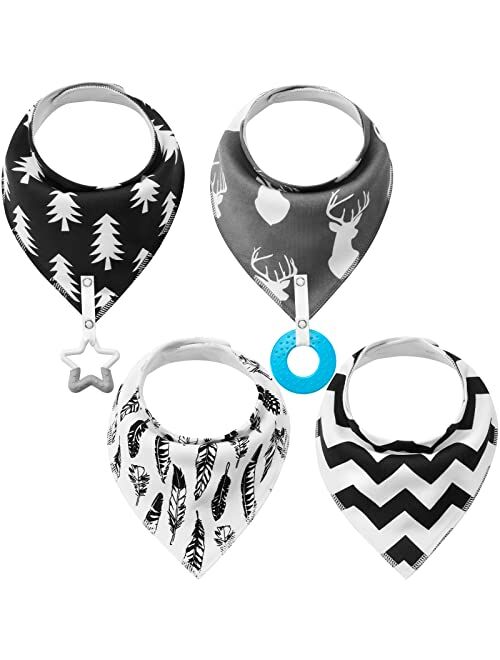 Synpos Baby Bandana Drool Bibs for Boys and Girls,Teething Toys Bibs Organic Cotton Baby Bibs Infant Set of 4 with 2 Teething Toys