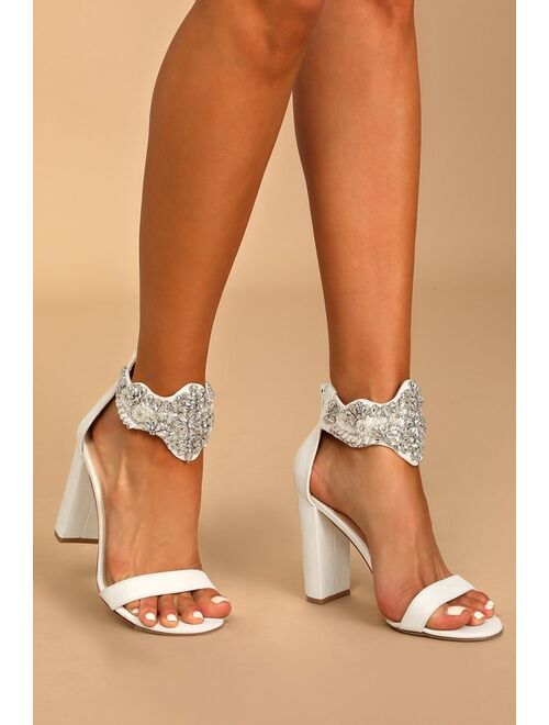 Lulus Dannah White Suede Rhinestone and Pearl High Heel Sandals