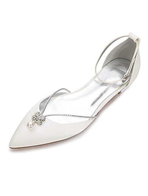 Creative Sugar Creativesugar Women Flat Dress Shoes, Pointed Toe D'Orsay Ankle Strap with Pearl Crystal Bridal Wedding Flats