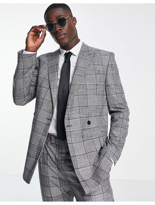 River Island double breasted plaid suit jacket in gray