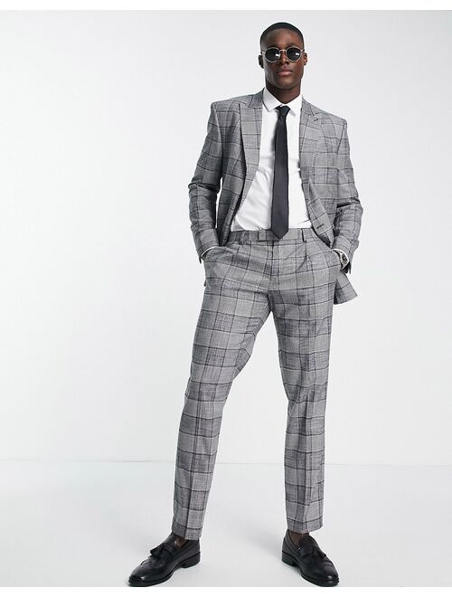 River Island double breasted plaid suit jacket in gray