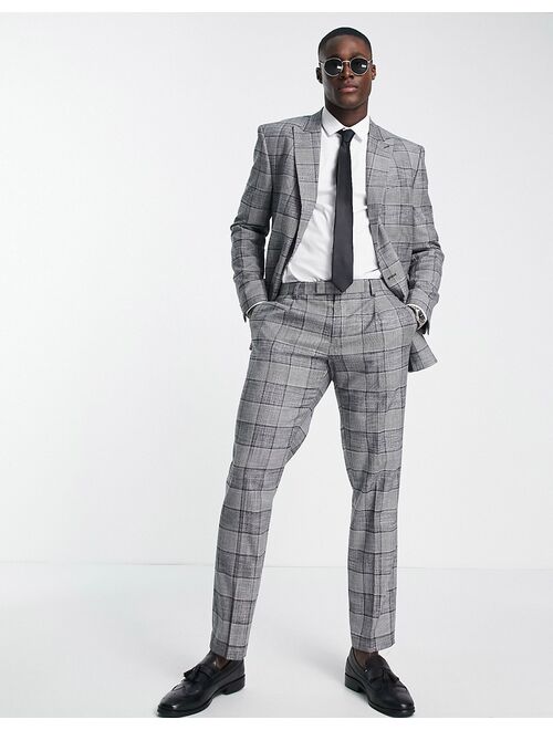 River Island double breasted plaid suit jacket in gray