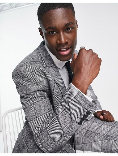 River Island double breasted plaid suit jacket in gray