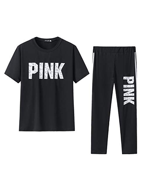 THLAI 2 Piece Outfits for Women Letter Print Stripe Patchwork Long Tracksuits