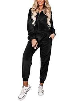 Women's Velour Sweatsuits Set Stand Collar 2 Piece Full Zip Tracksuits Loungewear Pajamas Set with Pockets