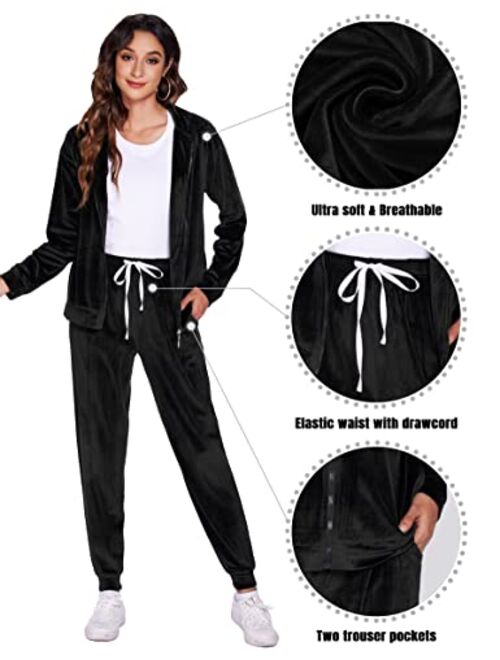 Ekouaer Women's Velour Sweatsuits Set Stand Collar 2 Piece Full Zip Tracksuits Loungewear Pajamas Set with Pockets