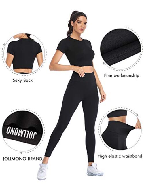 Jollmono 2 Piece Short Sleeve Outfits for Women Seamless Crop Tops Set for Women Workout Set