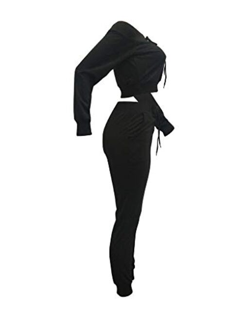 OLUOLIN Women Sexy Long Sleeve Two Pieces Outfits Tracksuit Lace Up Off Shoulder Casual Sweatsuit