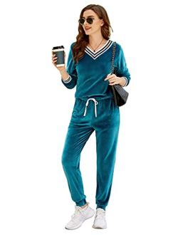 Women's Sweatsuit Velour Set Long Sleeve Striped V Neck Tops and Pants Joggers Suits 2 Piece Tracksuits Outfits S-XXL